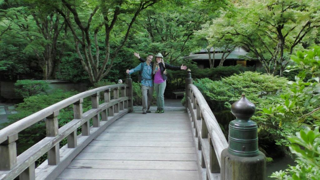 Dina and Mitch standing on bridge Japanese Garden, Portland, Oregon, USA